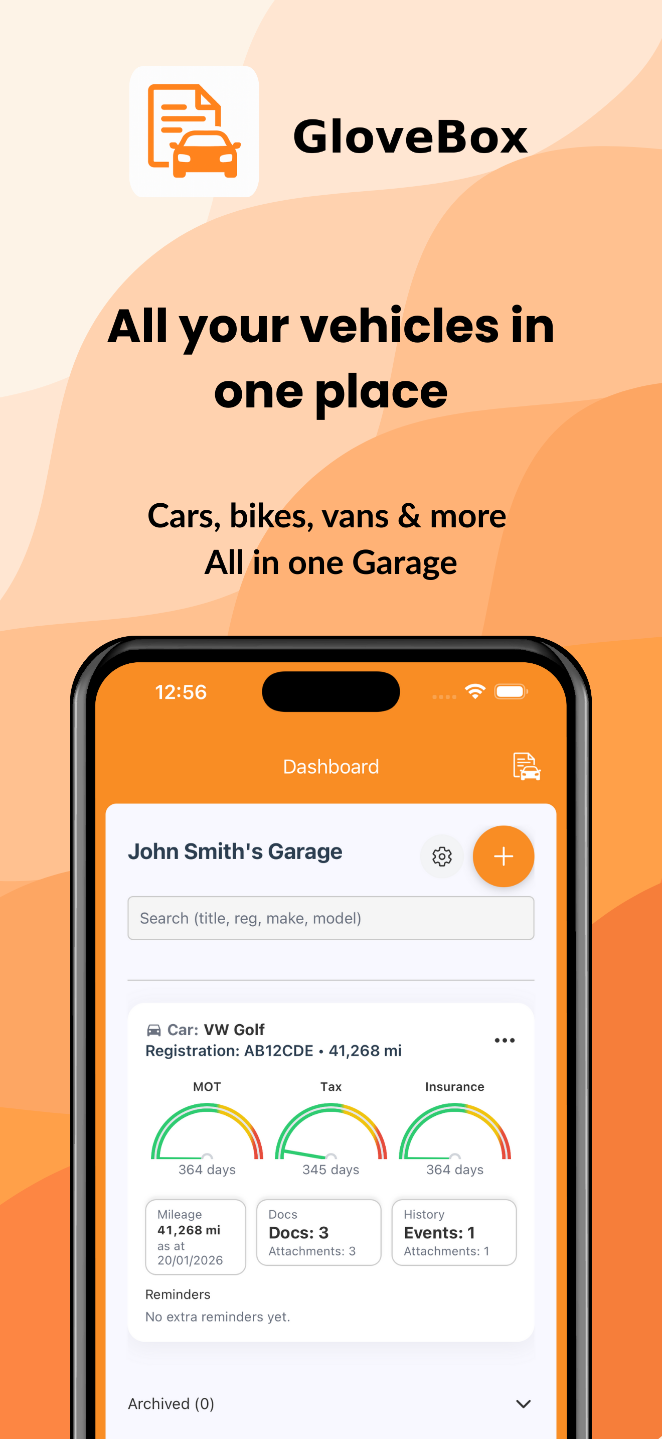 GloveBox mobile app – vehicle dashboard preview